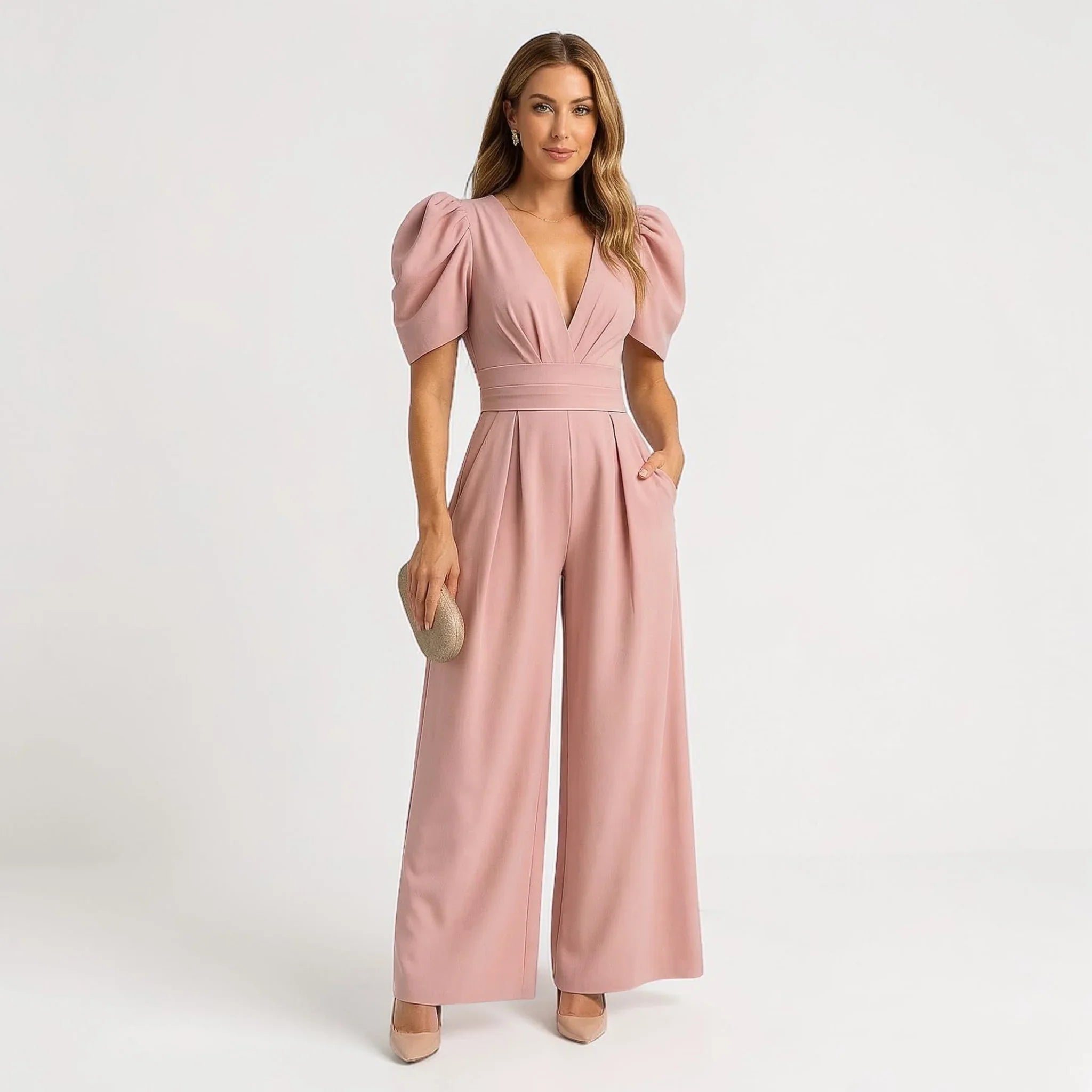 Eleganter Damen-Jumpsuit mit Puffärmeln, weitem Bein, tiefem V-Ausschnitt, tailliertem Schnitt und Seitentaschen