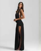 Women's Halter Maxi Dress with Open Back and Draped Side Slit