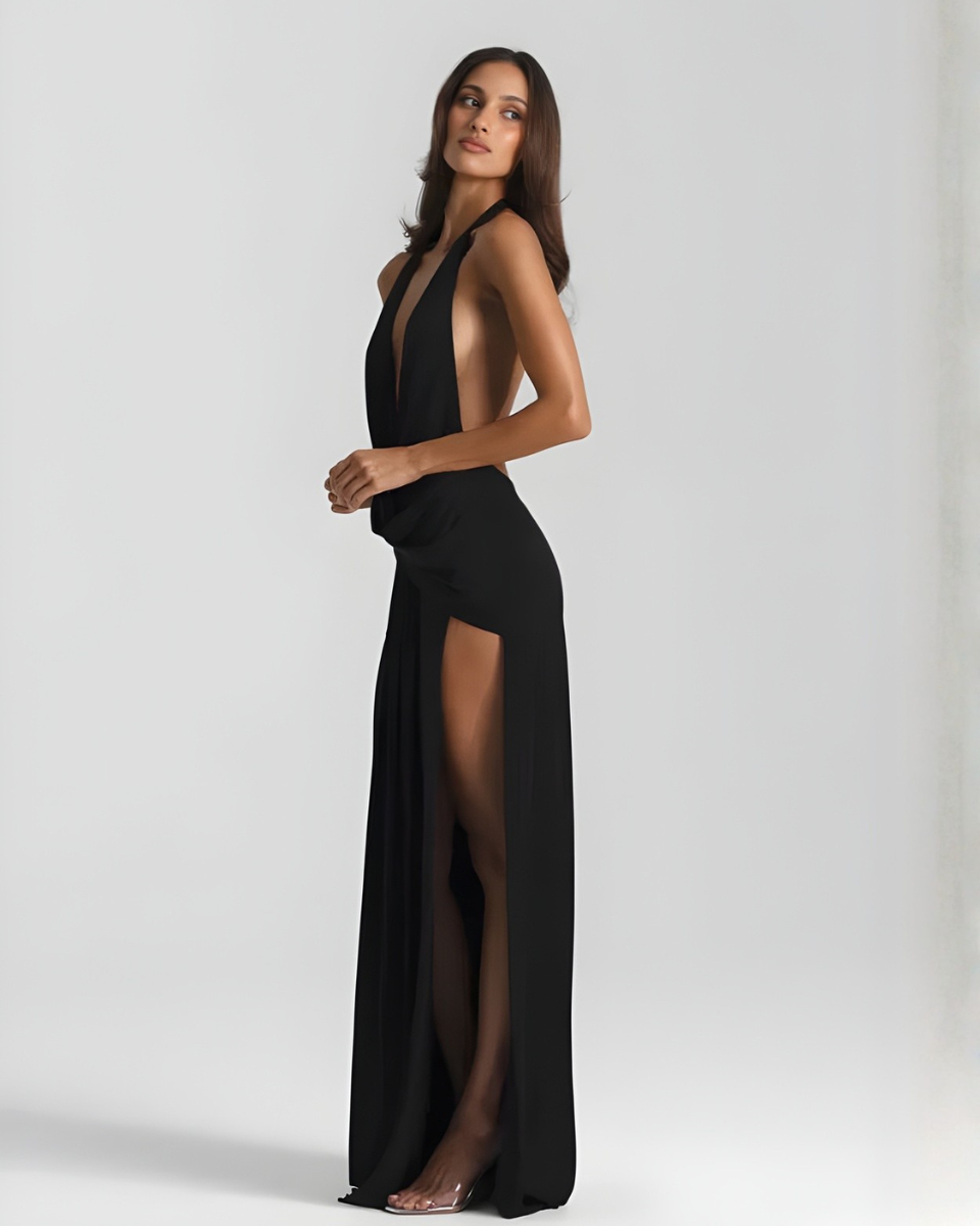 Women's Halter Maxi Dress with Open Back and Draped Side Slit