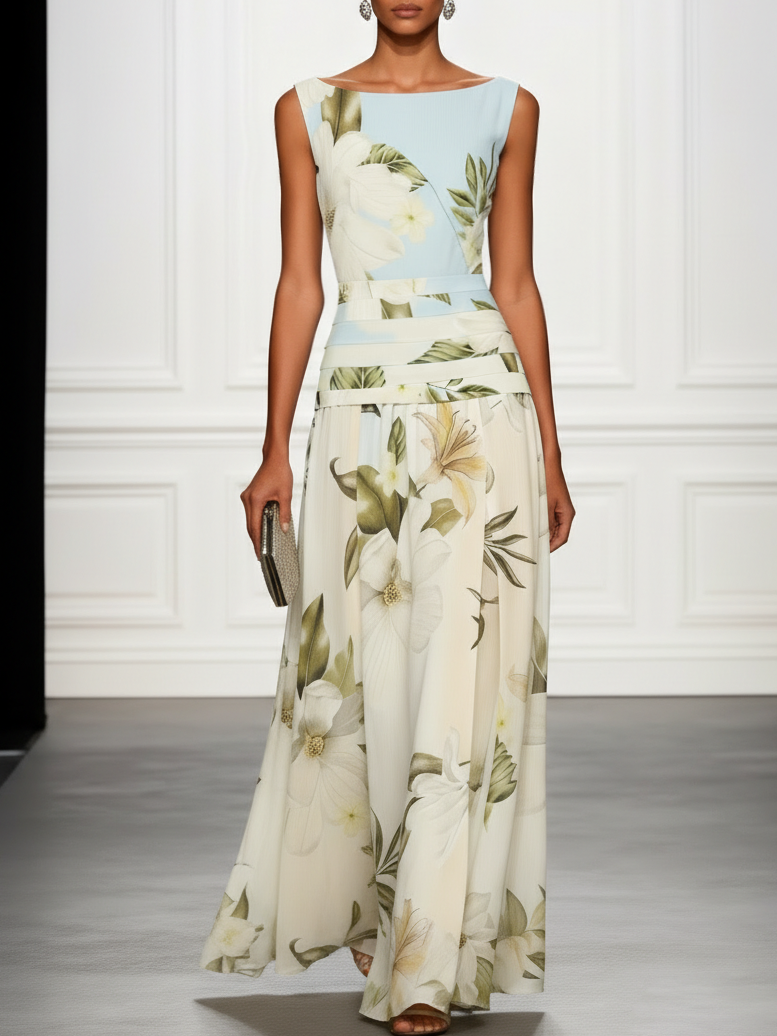 Maxikleid für Damen mit Blumenmuster, ärmellos, Bootsausschnitt und plissiertem Taillenbereich