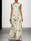 Maxikleid für Damen mit Blumenmuster, ärmellos, Bootsausschnitt und plissiertem Taillenbereich