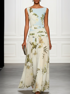 Maxikleid für Damen mit Blumenmuster, ärmellos, Bootsausschnitt und plissiertem Taillenbereich