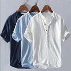 Men's Short-Sleeve Henley Shirt with Linen Blend for Summer Wear