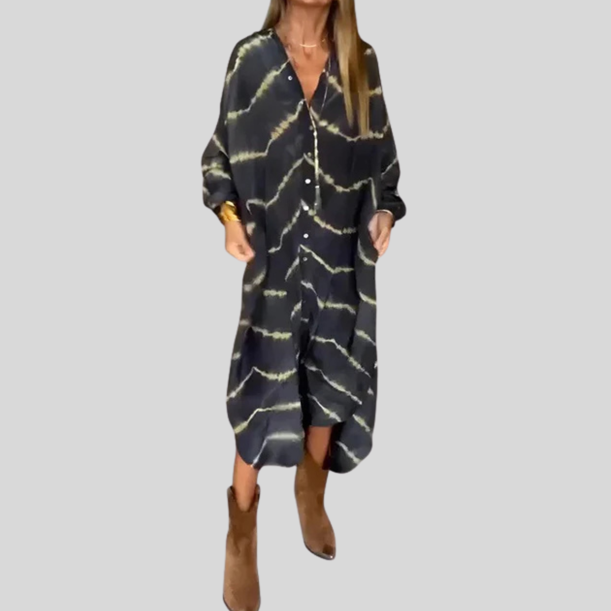 Abito midi da donna ampio con bottoni e motivo tie-dye affrancato