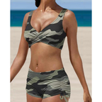 Damen Zweiteiliger Badeanzug mit Batik-Print und gerafften Shorts