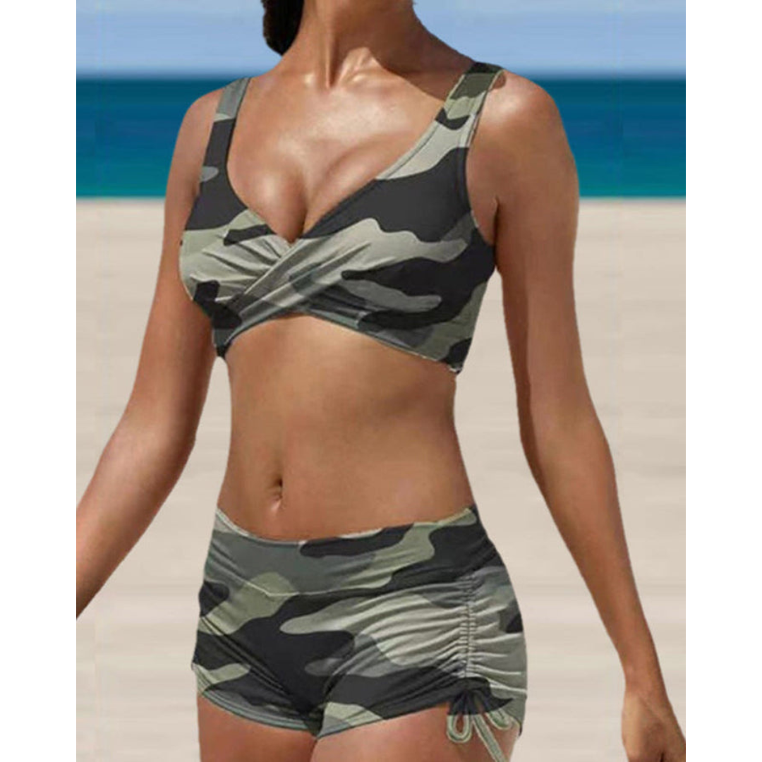 Damen Zweiteiliger Badeanzug mit Batik-Print und gerafften Shorts