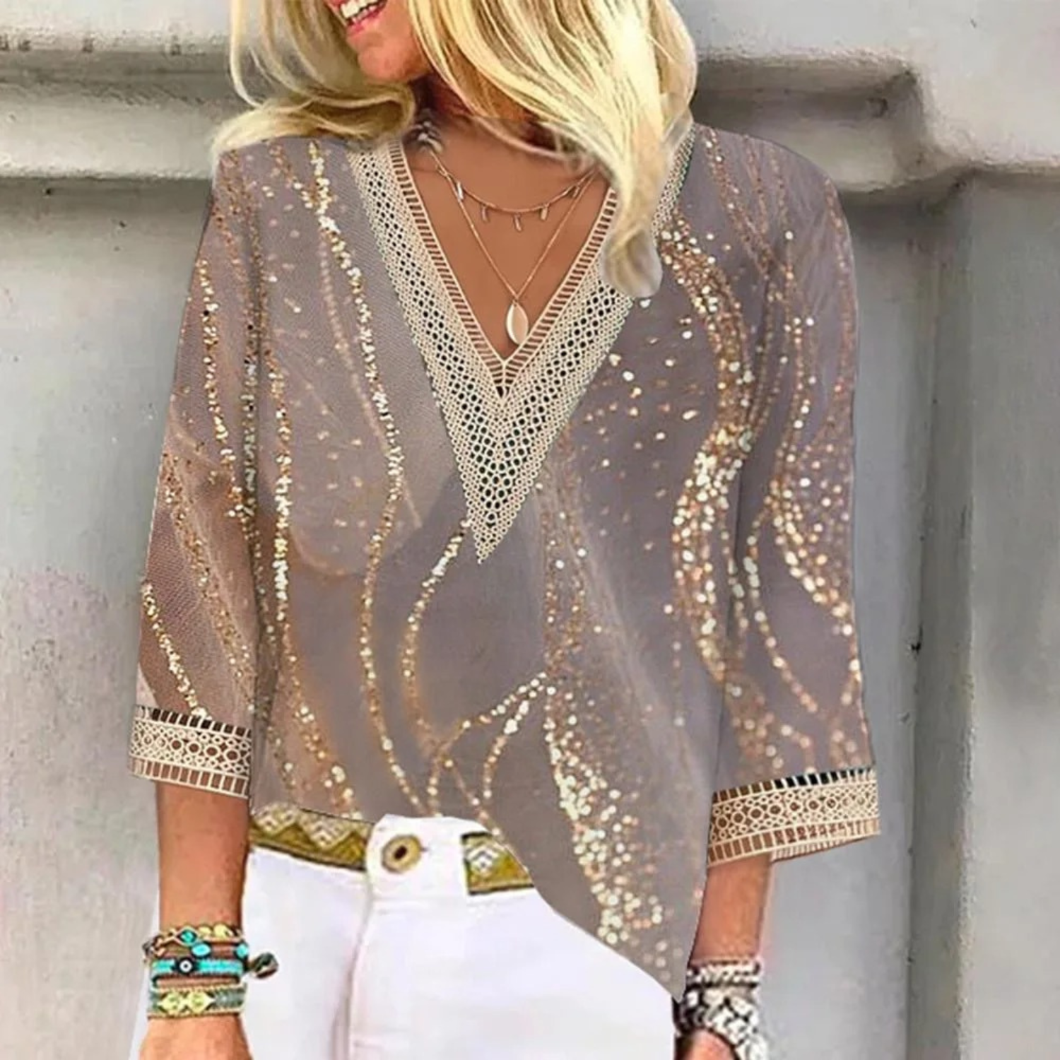 Women's Printed Chiffon Blouse with V-Neck for Effortless Summer Style
