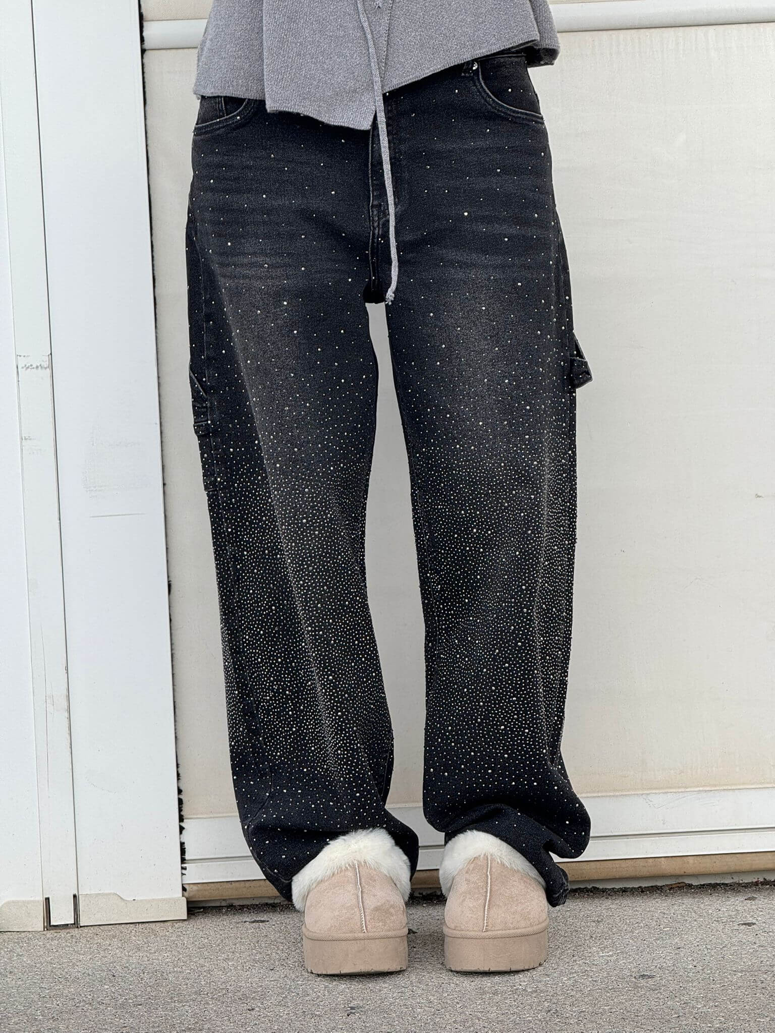 Damen-Jeans mit hohem Bund, geradem Bein und funkelnden Strasssteinen, komplett verziert