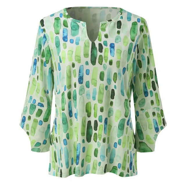 Women's Geometric Print Blouse with V-Neck and Flared Sleeves for Everyday Wear