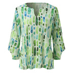 Women's Geometric Print Blouse with V-Neck and Flared Sleeves for Everyday Wear