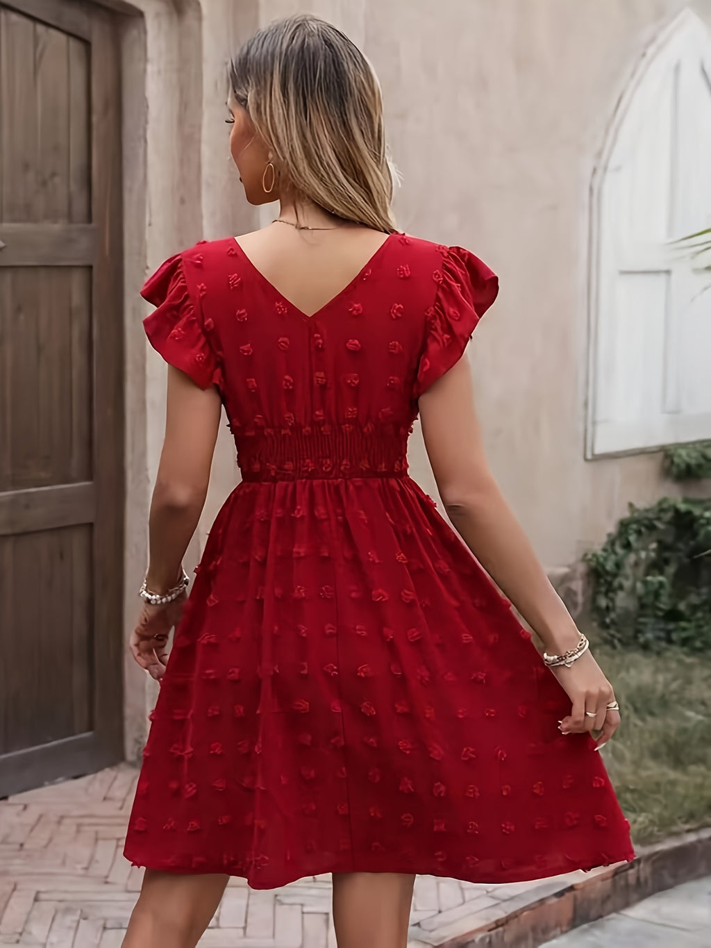 Women's Textured Midi Dress with Shirred Waist and Flutter Sleeves