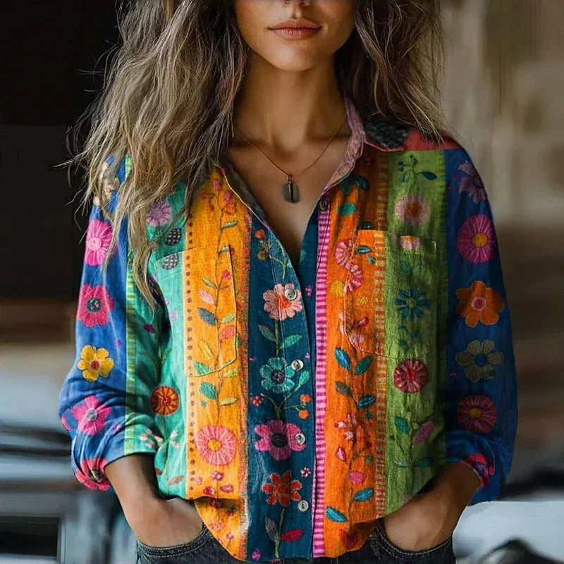 Women's Vintage Print Button-Up Blouse