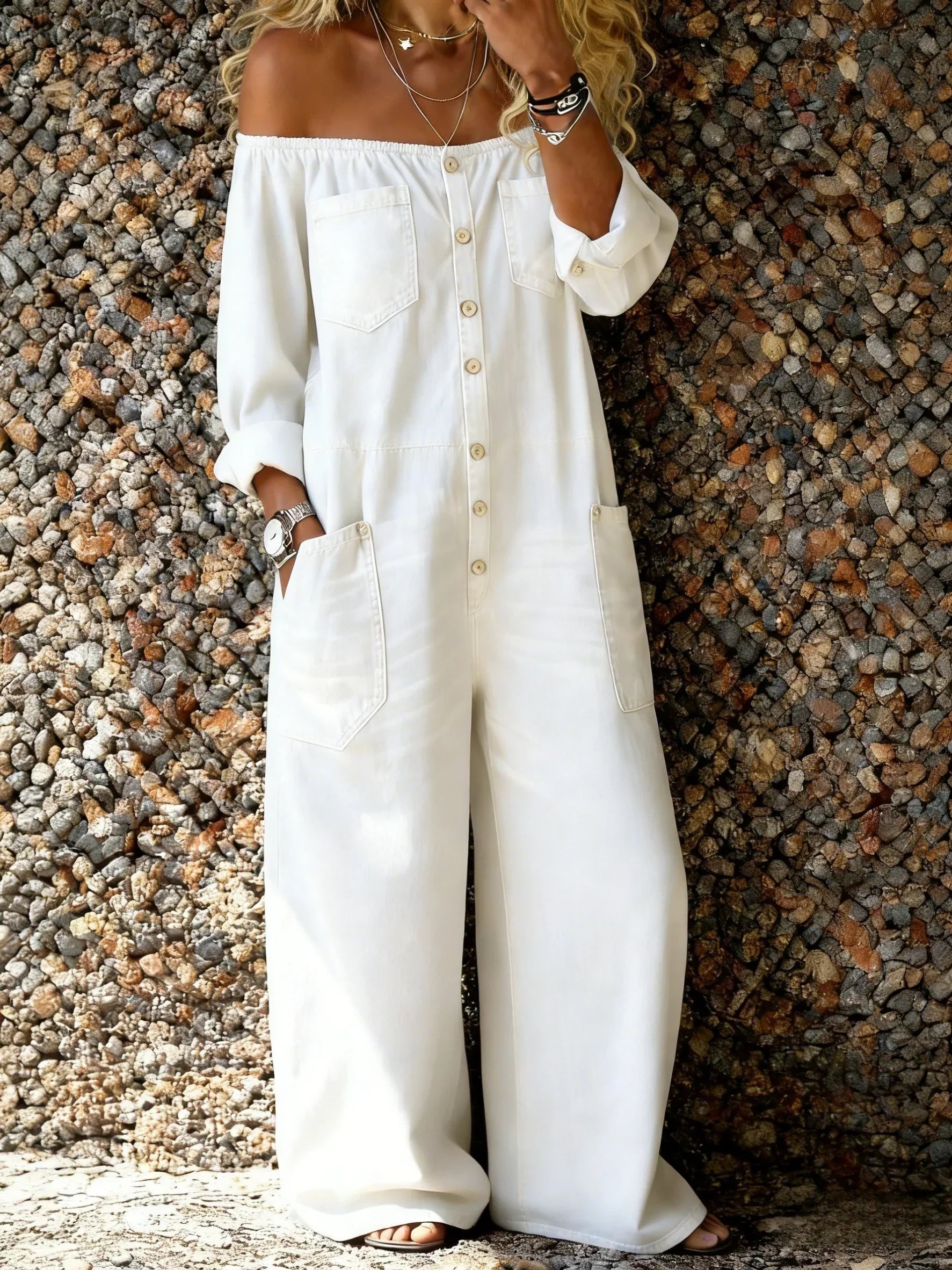 Women's Off-Shoulder Denim Wide-Leg Jumpsuit
