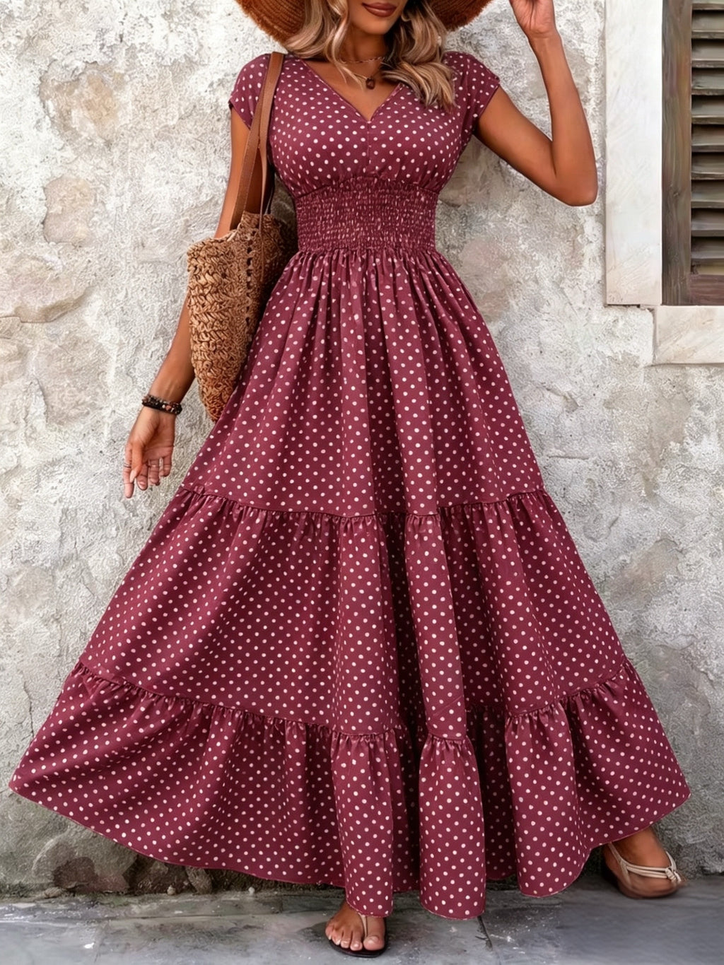 Women's Polka Dot Tiered Maxi Dress