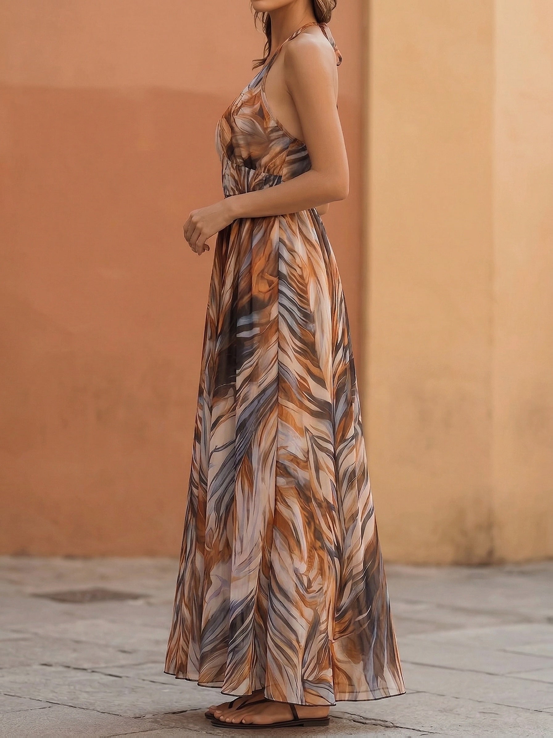 Women's Feather Print Halter Neck Maxi Dress