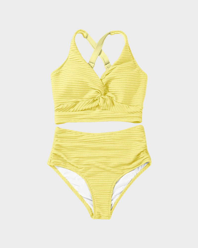 Damen-Rippen-Bikini-Set mit gedrehtem Oberteil und hochgeschnittenem Slip