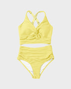 Damen-Rippen-Bikini-Set mit gedrehtem Oberteil und hochgeschnittenem Slip