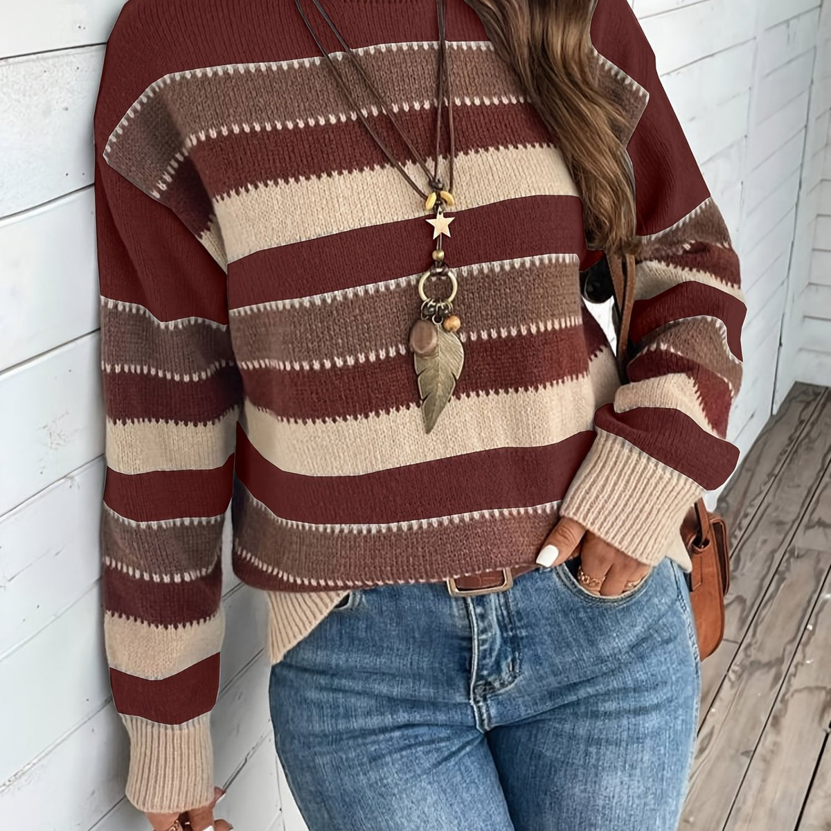Pull à col rond rayé à empiècements colorés pour femme