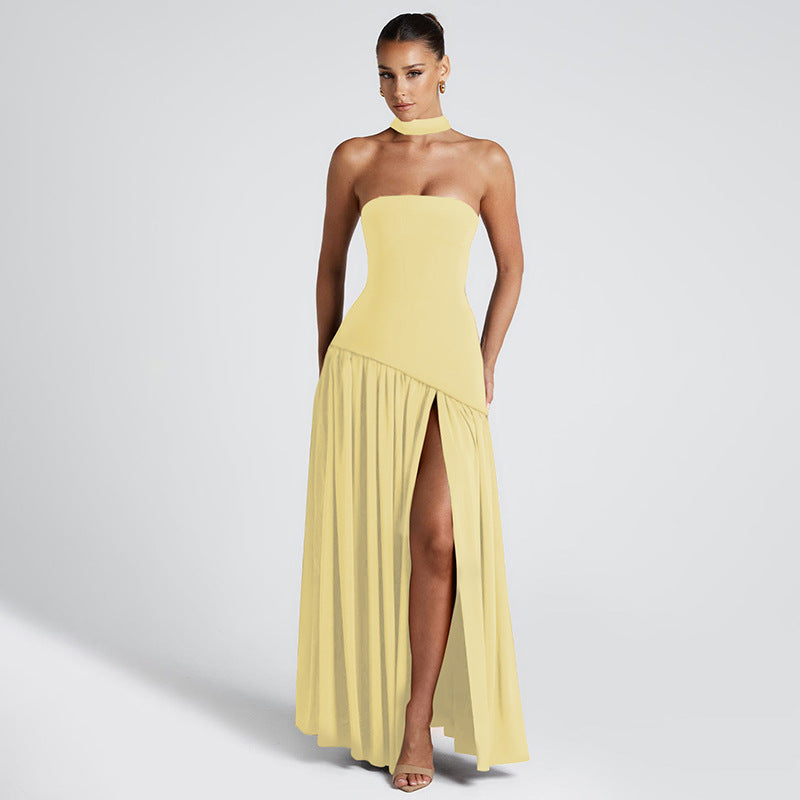 Women Strapless Maxi Dress with Side Slit and Elegant Contrast Design