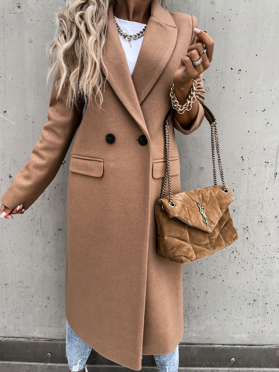 Women's Longline Double-Breasted Lapel Coat