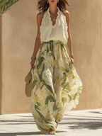 Women's Floral Two-Piece Set with Halterneck Top and Maxi Skirt
