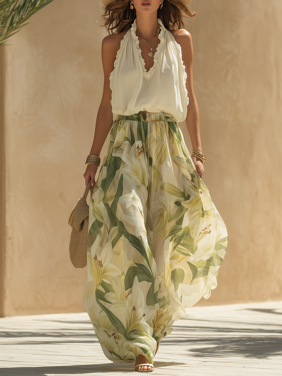 Women's Floral Two-Piece Set with Halterneck Top and Maxi Skirt
