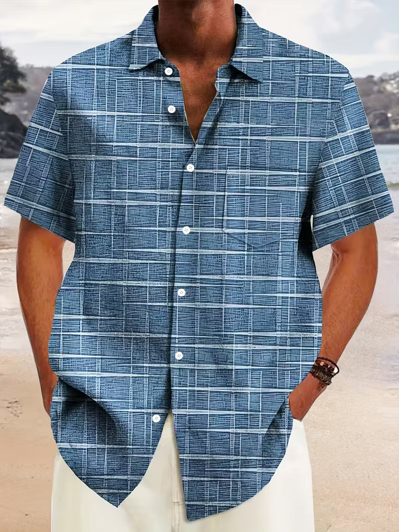 Chemise décontractée à manches courtes pour homme avec motif quadrillé texturé et boutons