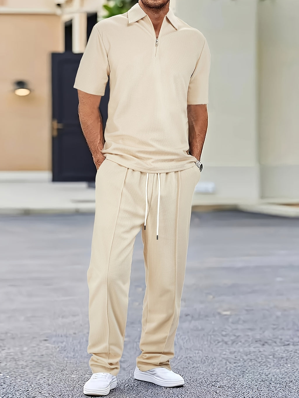 Men's Textured Half-Zip Polo & Trousers Set