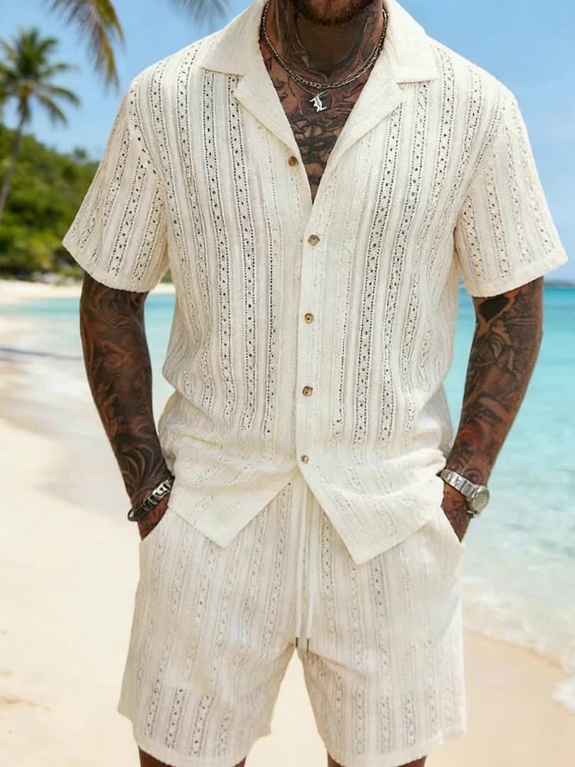 Men's Textured Open Knit Button-Up Resort Shirt