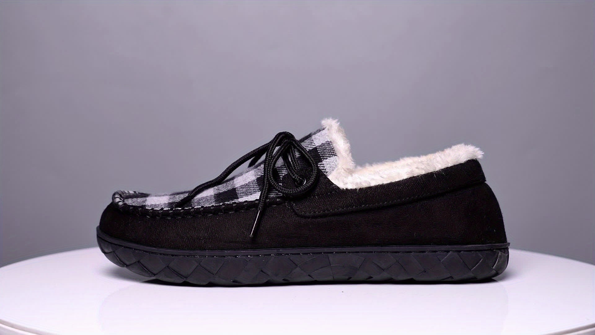 Mocassins à carreaux pour femmes, doublés en sherpa