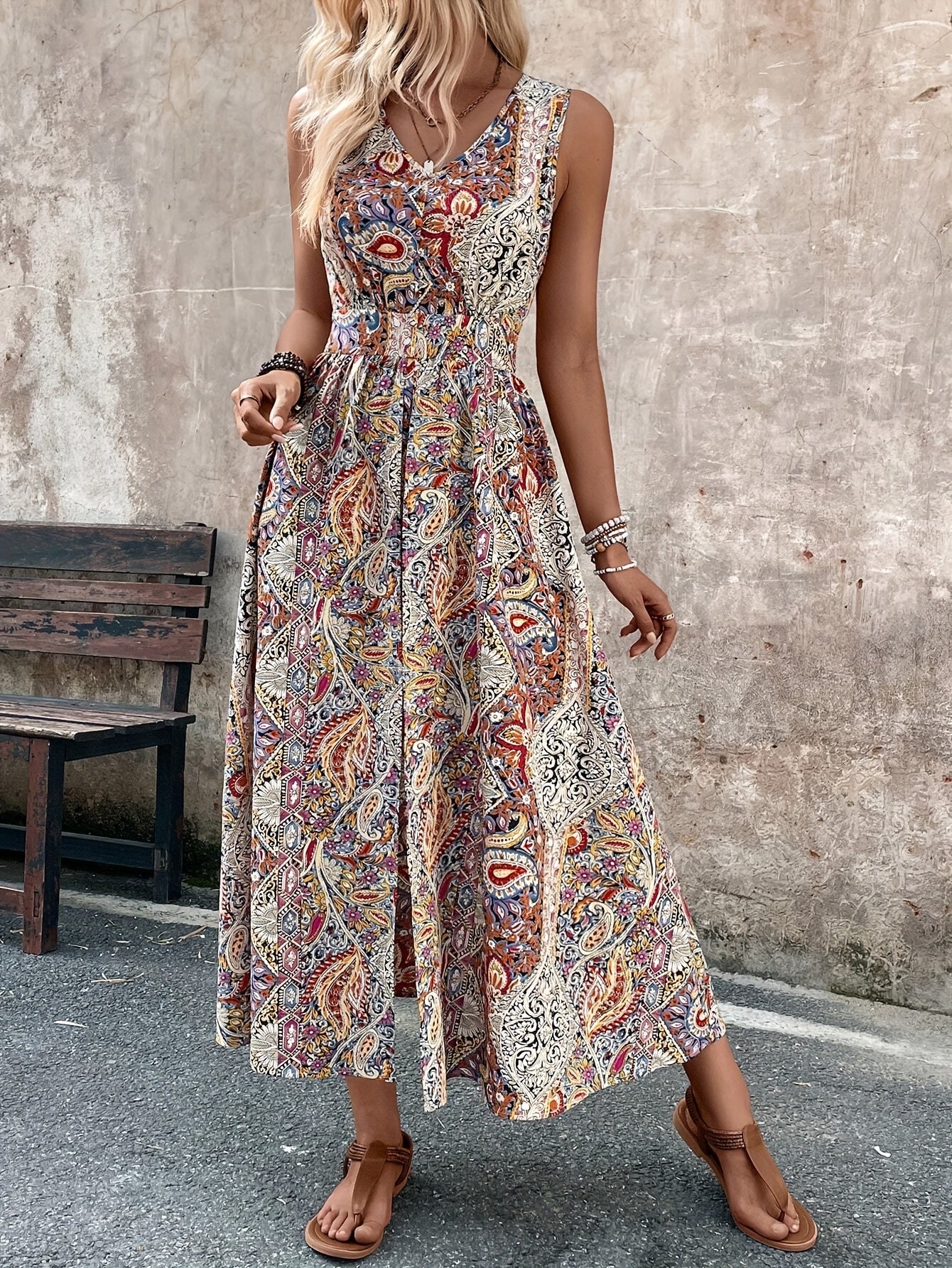 Women’s Bohemian Paisley Midi Dress with Flowing Split Design