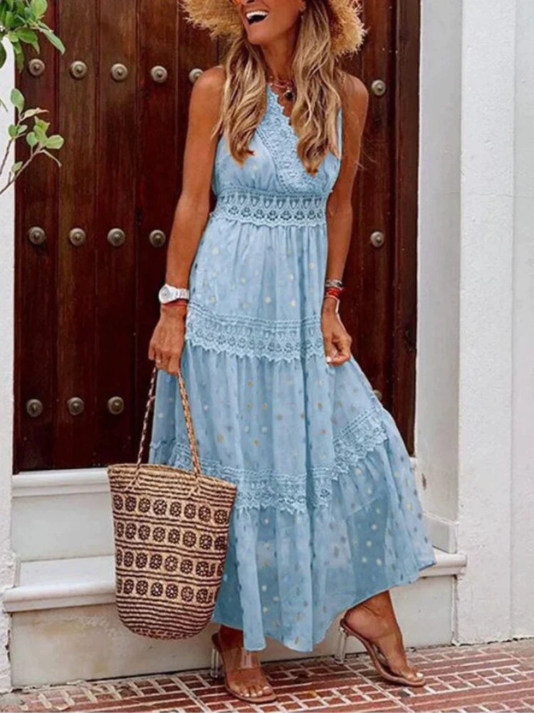 Women's Bohemian Maxi Dress with Embroidered Details and Flowing Fit for Summer Occasions
