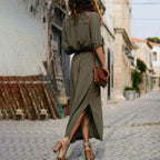 Women's Button-Front Shirt Midi Dress with Short Sleeves for Everyday Wear