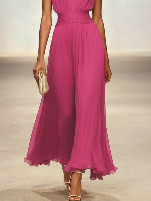 Ärmelloses Chiffon-Maxikleid für Damen mit geraffter Taille und fließendem Saum