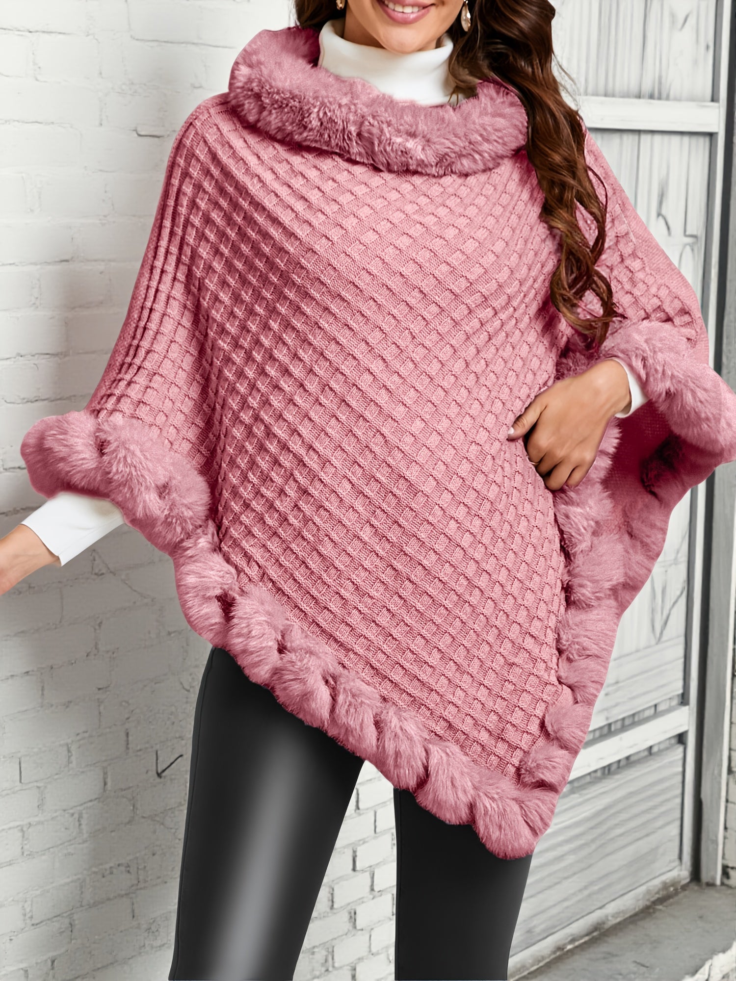 Women’s Faux-Fur Trim Knitted Poncho
