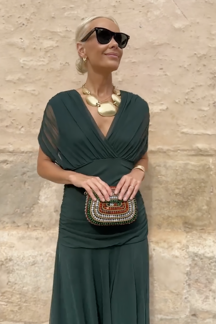 Women's Draped V-Neck Midi Dress with Sheer Overlay