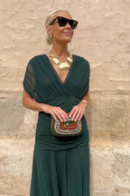 Women's Draped V-Neck Midi Dress with Sheer Overlay