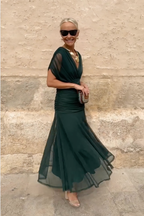 Women's Draped V-Neck Midi Dress with Sheer Overlay