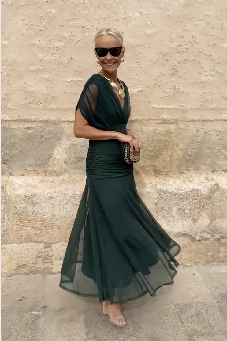 Women's Draped V-Neck Midi Dress with Sheer Overlay