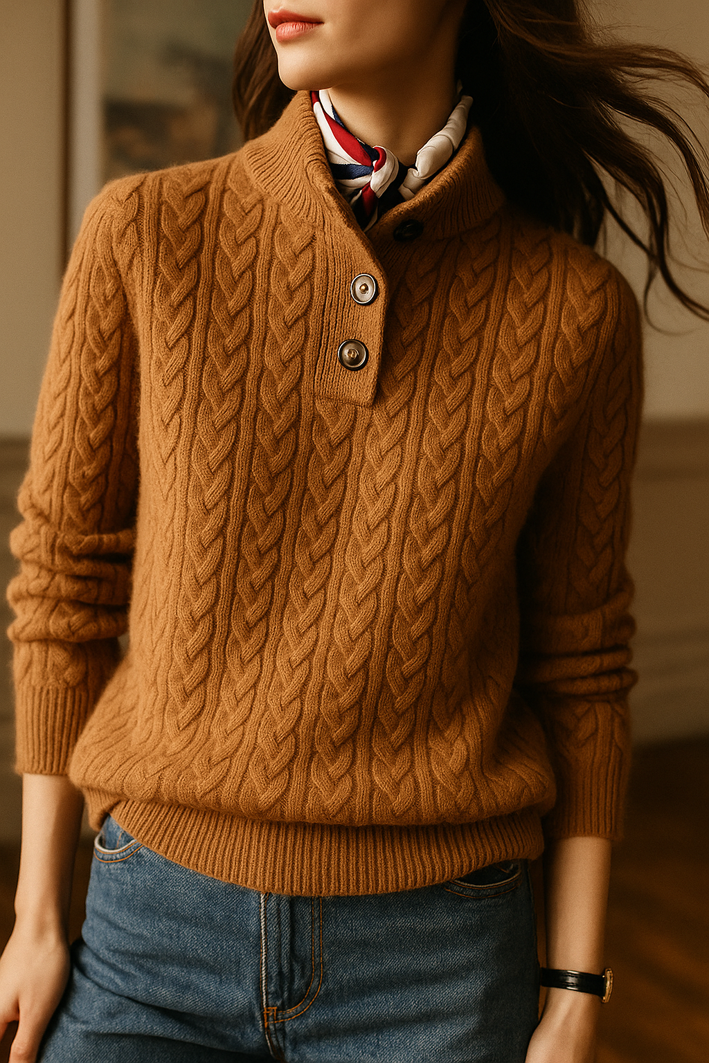 Kvinders kabelstrikkede sweater med knaplukning i halsen
