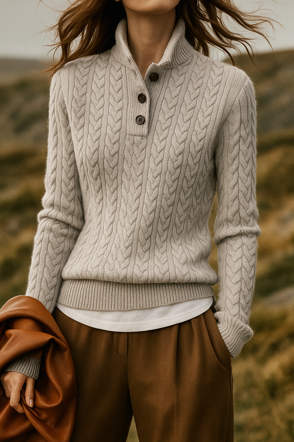 Pull à torsades pour femme à col boutonné