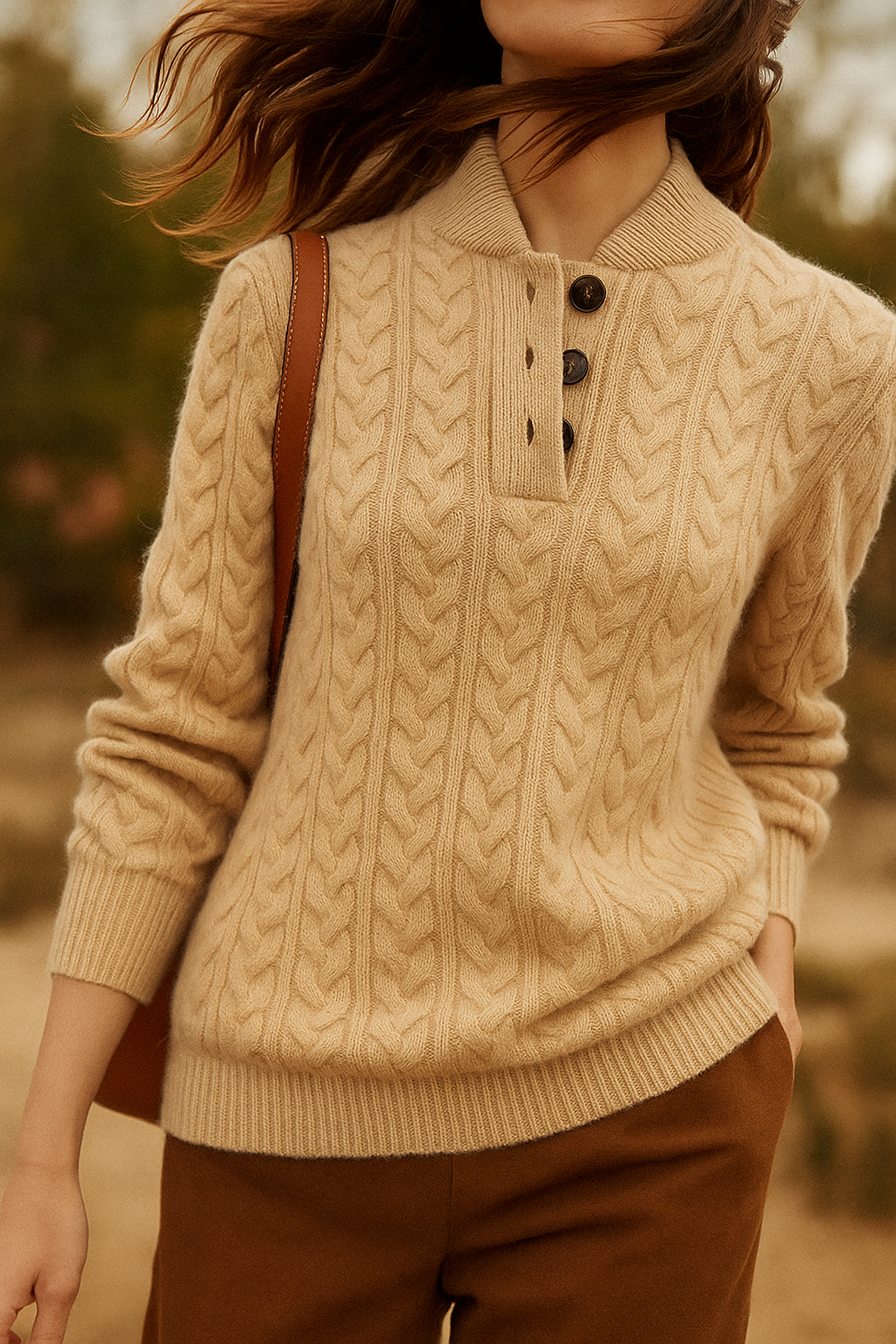Pull à torsades pour femme à col boutonné