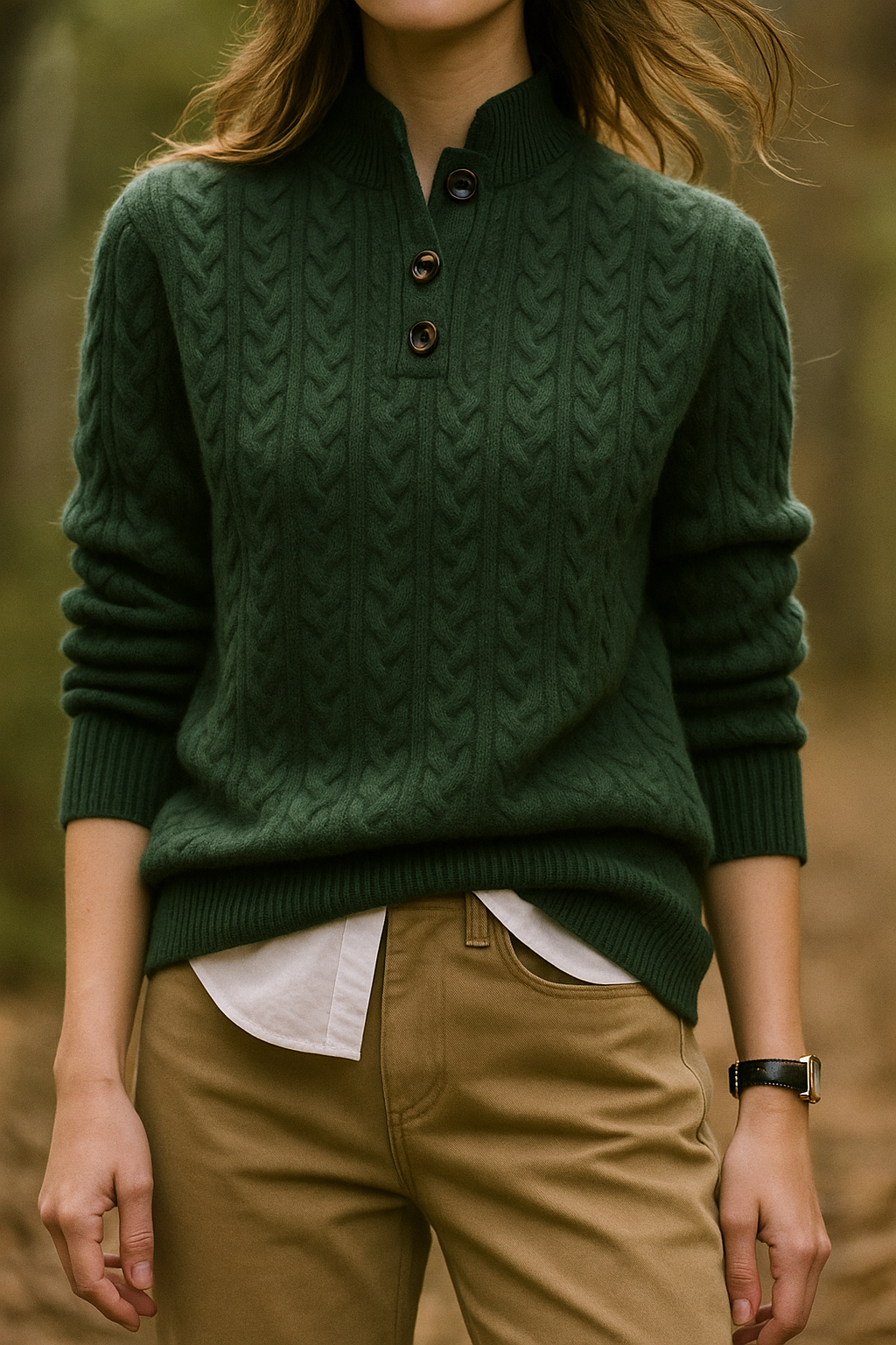Pull à torsades pour femme à col boutonné