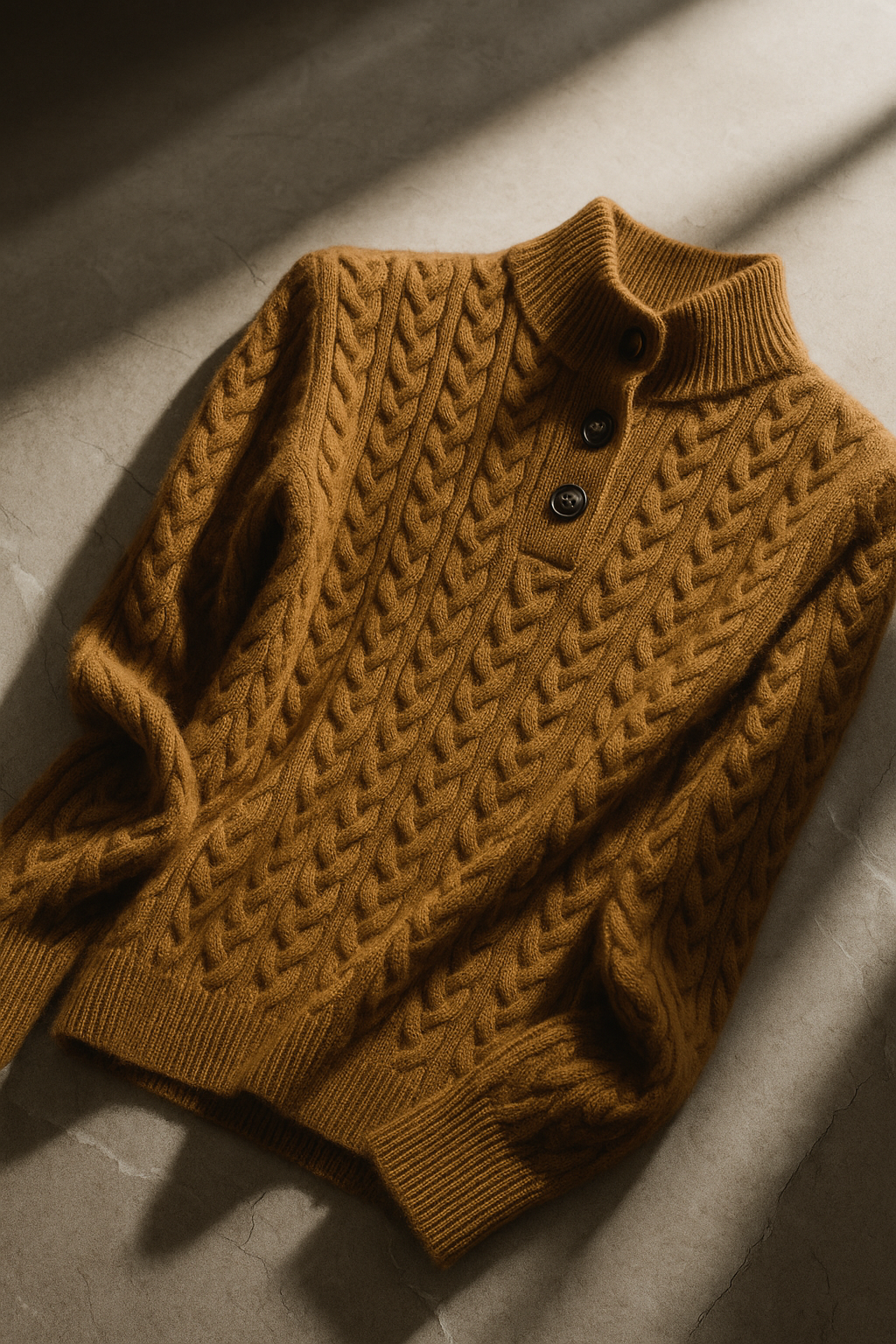 Kvinders kabelstrikkede sweater med knaplukning i halsen