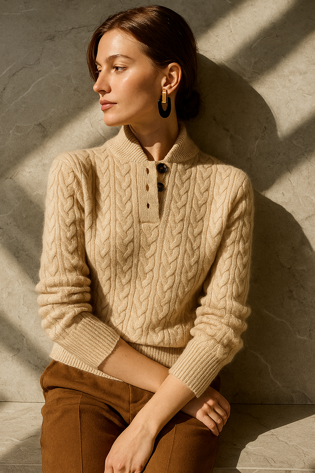 Kvinders kabelstrikkede sweater med knaplukning i halsen
