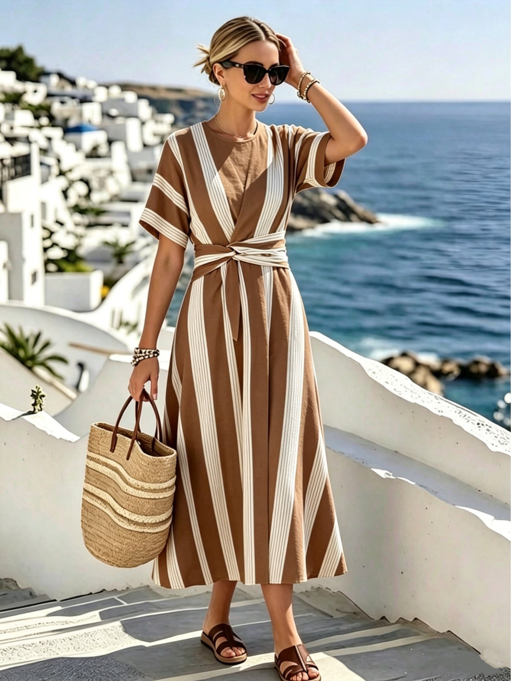 Women's Striped Midi Dress with Waist Detail and Short Sleeves