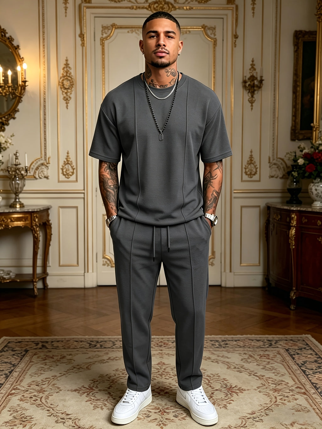 Men's Textured Relaxed T-Shirt & Trousers Set
