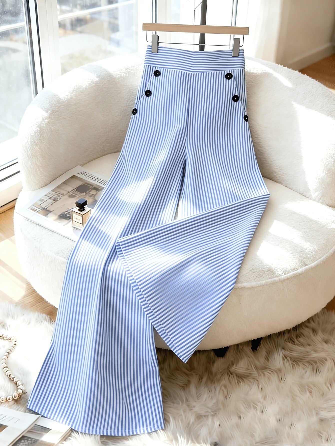 Pantalones de pierna ancha a rayas informales para mujer