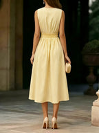 Women's Striped Midi Dress with V-Neck and A-Line Silhouette