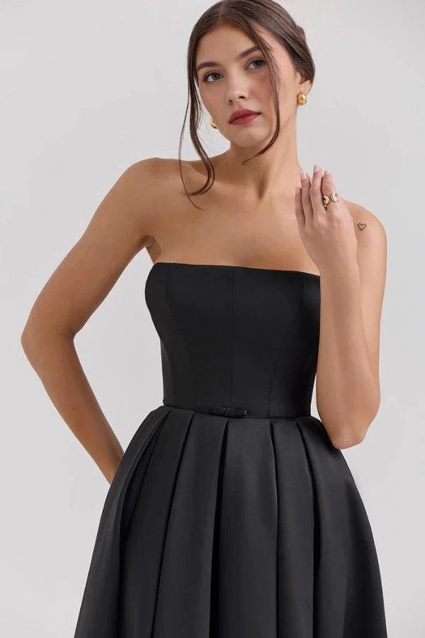 Damen trägerloses Midikleid mit Korsett-Oberteil und plissiertem Rock